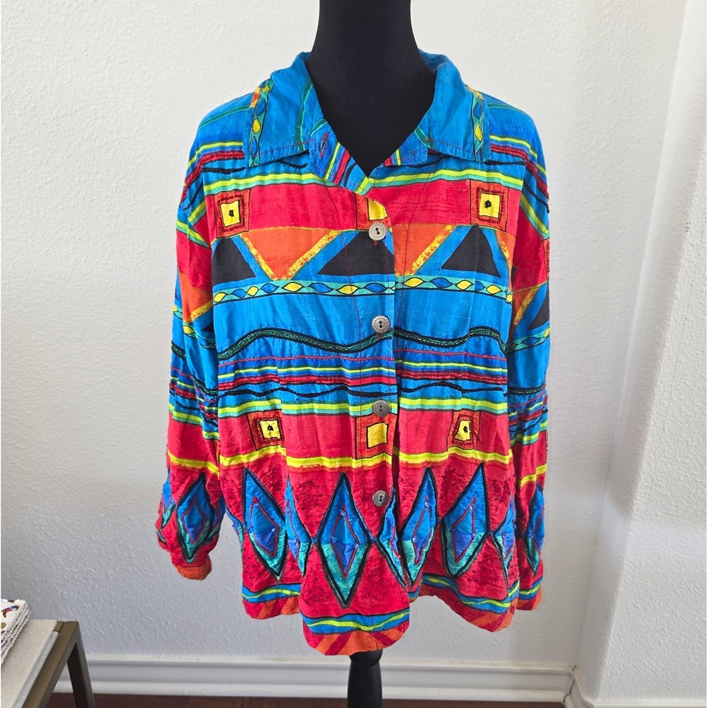 Chico's 90s Vintage Multicolor Geometric Silk/Cotton Button-Up Jacket XL Beading